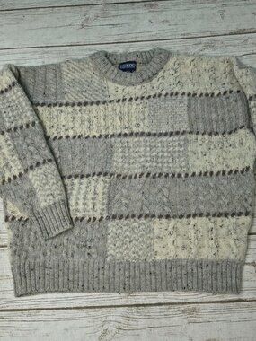 Vintage Lands' End Scotland 100% Wool Patchwork Cable Knit Sweater Size Large